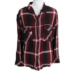 Sanctuary Flannel Boyfriend Shirt Women M Red Black Plaid Snap Front Long Sleeve